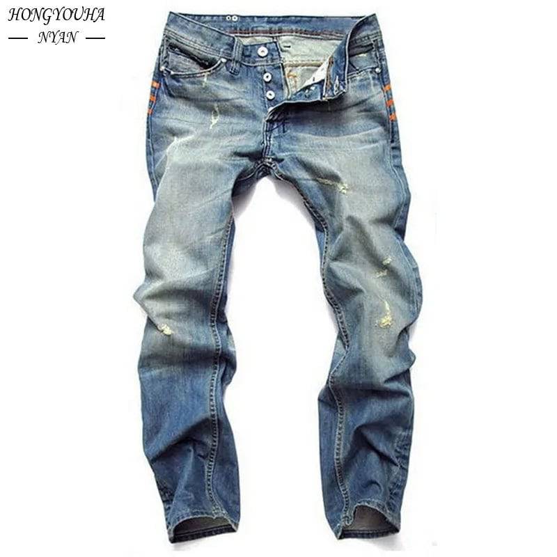 Mens Slim Fit Ripped Straight Cotton Denim Jeans