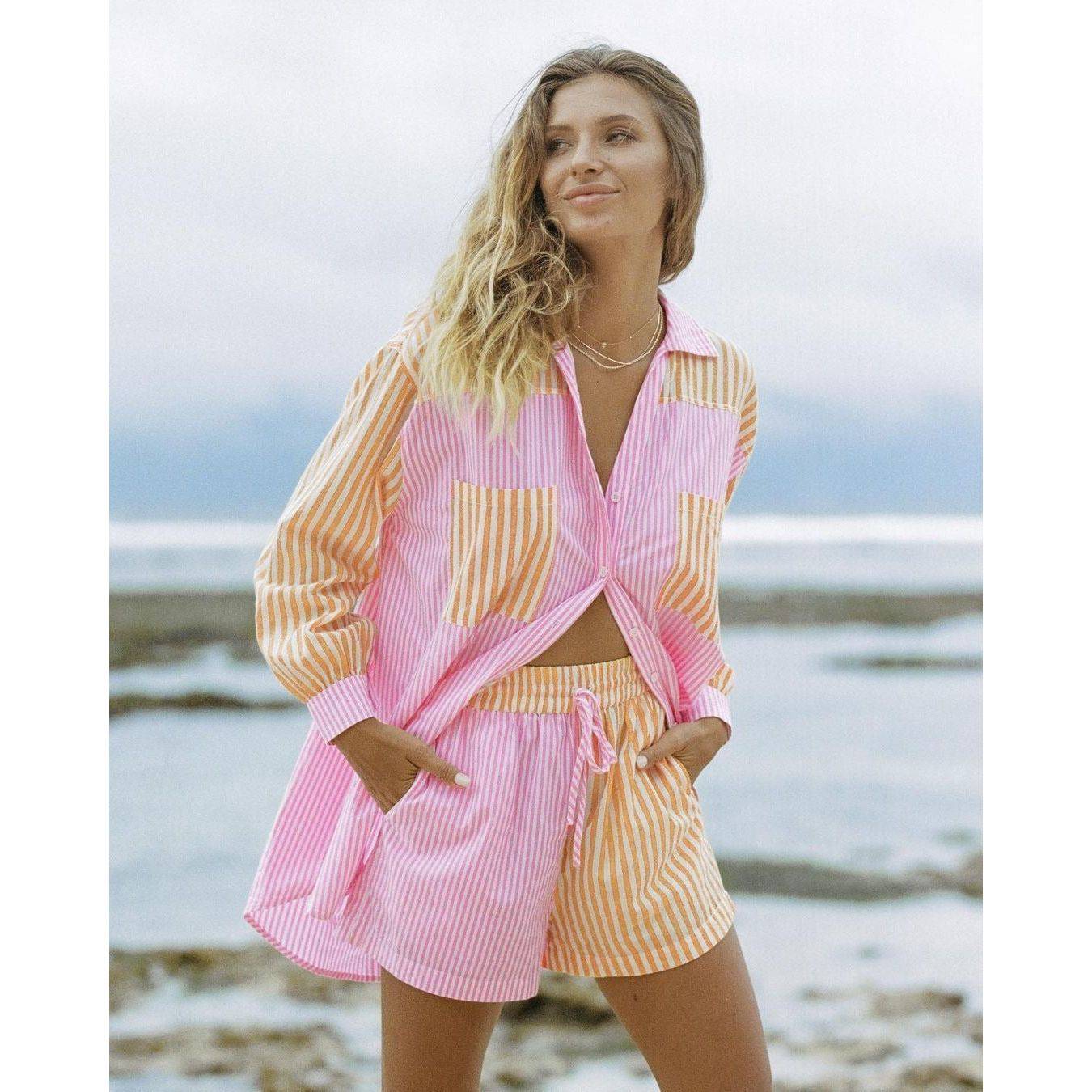 Colorblock Striped Summer Lapel Loose Blouse - Xmaker