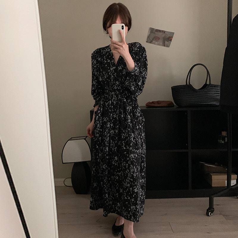 Retro V-neck floral lace-up waist slim long sleeve dress for women - Xmaker