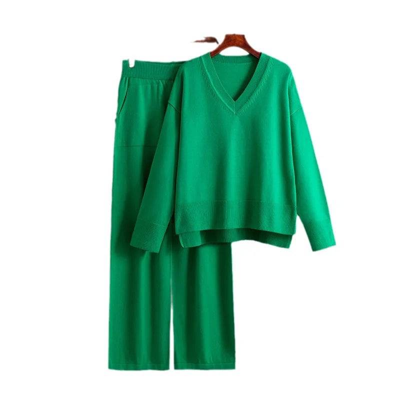 Women's Knit Sweater Loose V-neck Cardigan 2 Pieces Sets