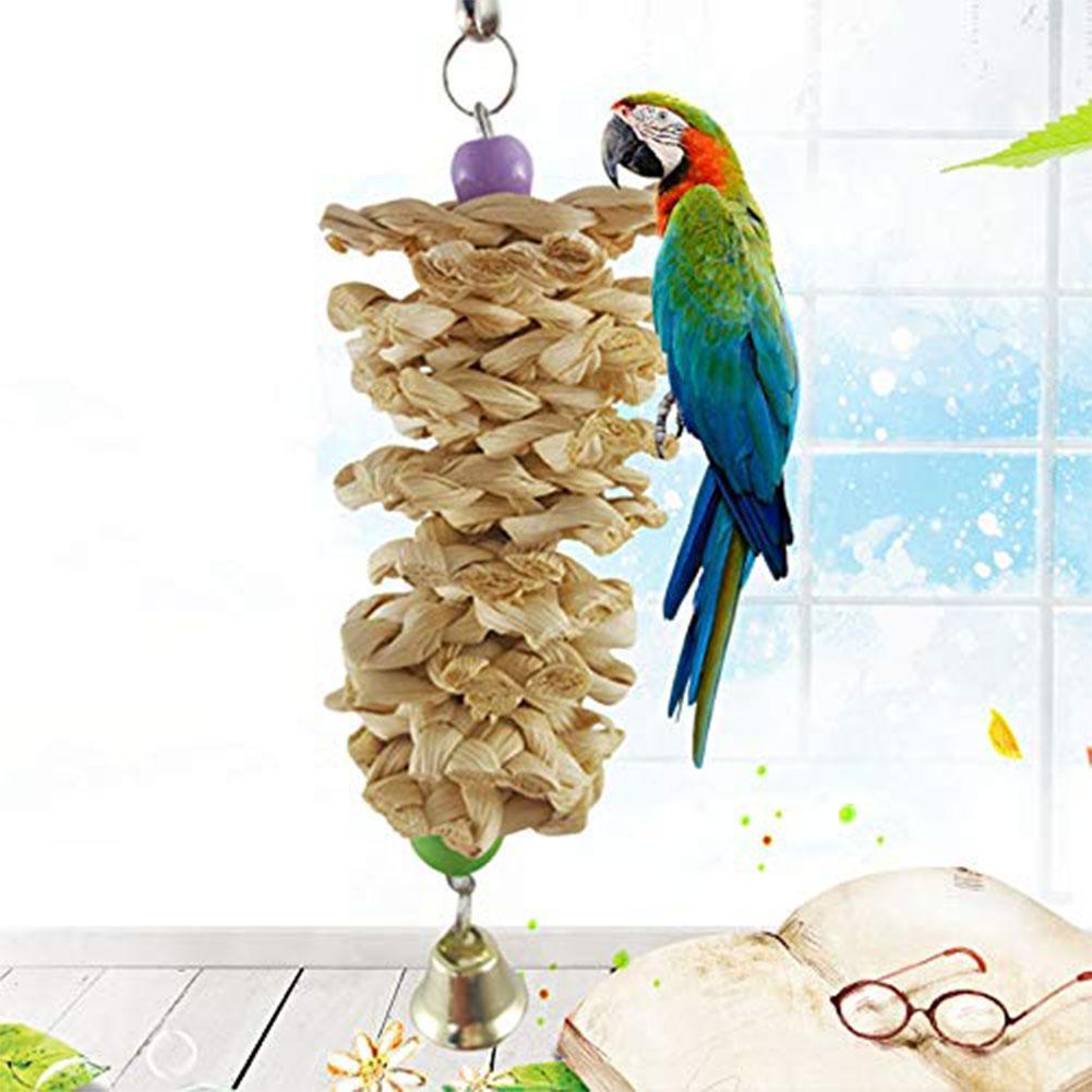 Bird Parrot Toy With Bell Natural Wooden Grass Bite Hanging Cage - Xmaker