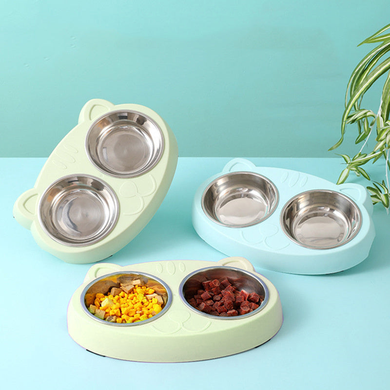 Pet Double Bowls, Stainless Steel Pet Food Bowl Water Bowl With No Spill Plastic Stand, Pet Feeding And Drinking Bowl For Indoor Cats And Dogs - Xmaker