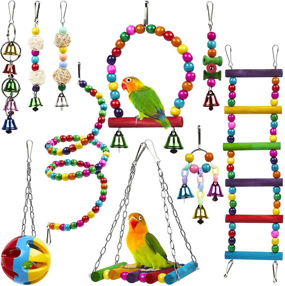 Parrot Combination Toy 10-Piece Set Wooden Bead Rotating Ladder Swing Stand Wooden Ladder Sepak Takraw Chewing Toy - Xmaker