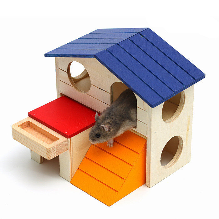 Wooden Hamster Toys Blue Top Villa Hamster Chalet Small Pet Toys Molar Decompression - Xmaker