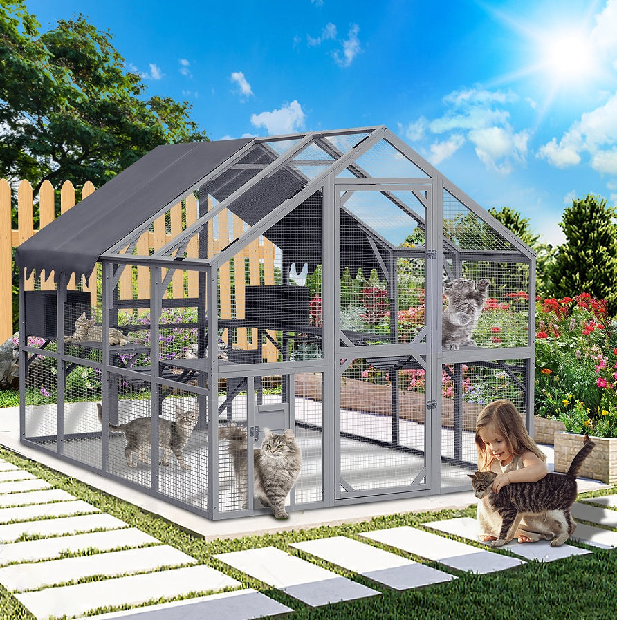 Outdoor Cat House Cat Fence, Upgraded Waterproof Cover - Gray - Xmaker