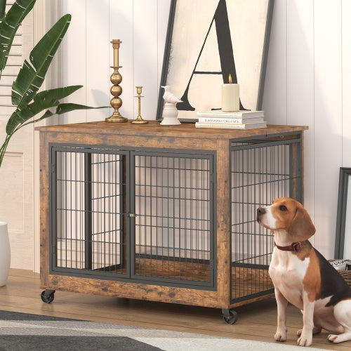 Furniture Double Door Dog Cage, Rustic Brown - Xmaker