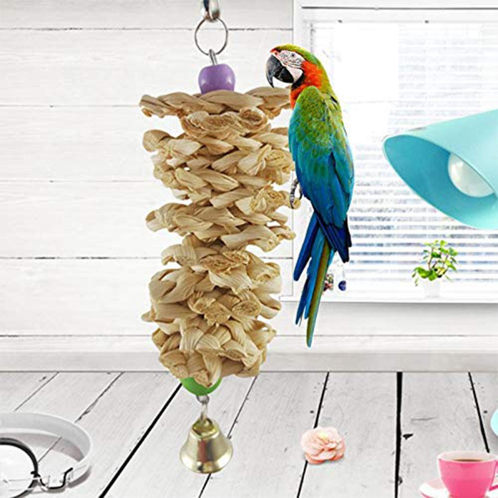 Bird Parrot Toy With Bell Natural Wooden Grass Bite Hanging Cage - Xmaker