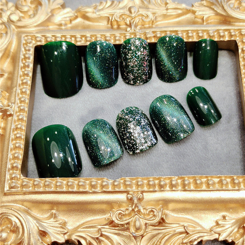 Detachable Nail Piece Emerald Green Flashing Diamond Wearable 24 Patches