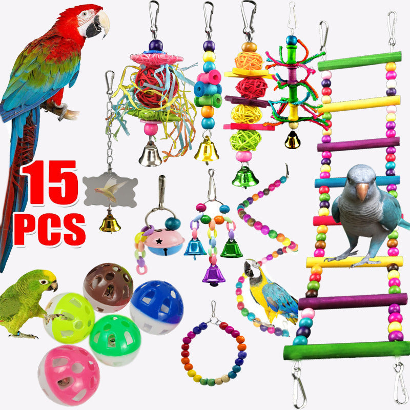 Parrot Combination Toy 10-Piece Set Wooden Bead Rotating Ladder Swing Stand Wooden Ladder Sepak Takraw Chewing Toy - Xmaker