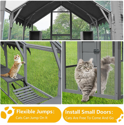 Outdoor Cat House Cat Fence, Upgraded Waterproof Cover - Gray - Xmaker