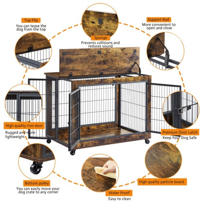 Furniture Double Door Dog Cage, Rustic Brown - Xmaker