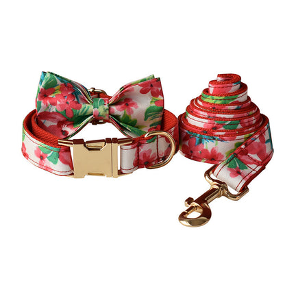 Red Floral Print Dog Leash Collar - Xmaker