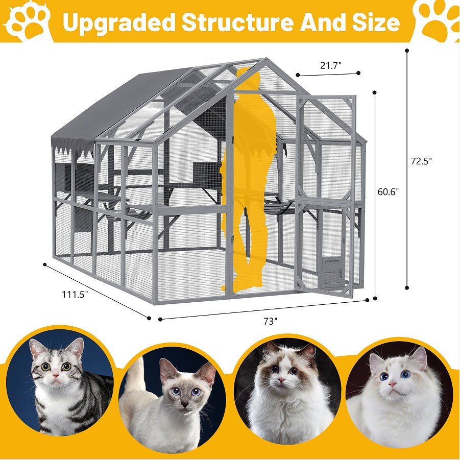 Outdoor Cat House Cat Fence, Upgraded Waterproof Cover - Gray - Xmaker