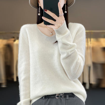 Women's Wool Sweater V-neck Autumn And Winter New Solid Color Loose-fitting Versatile Wool Loose Bottoming Shirt - xmaker.ai