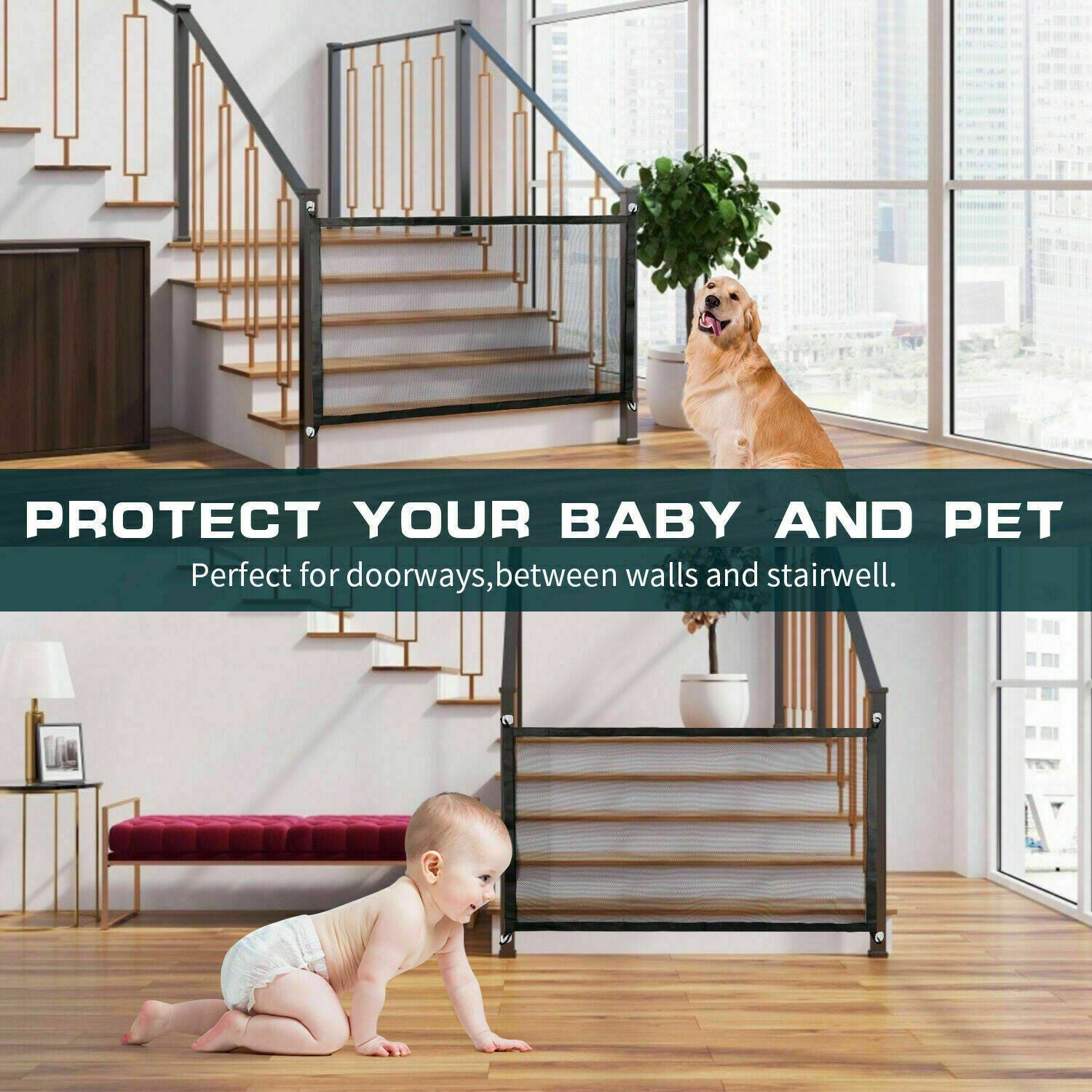 Pets Dog Cat Baby Safety Gate Mesh Fence Magic Portable Guard Net Stairs Doors - Xmaker