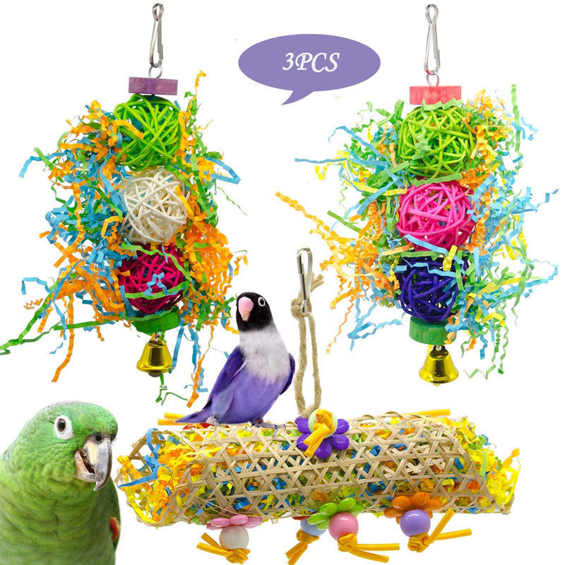 3pcs Bird Toy Parrot Gnawing Supplies Utensils Brushed Rattan Ball Grass Wooden Toys - Xmaker