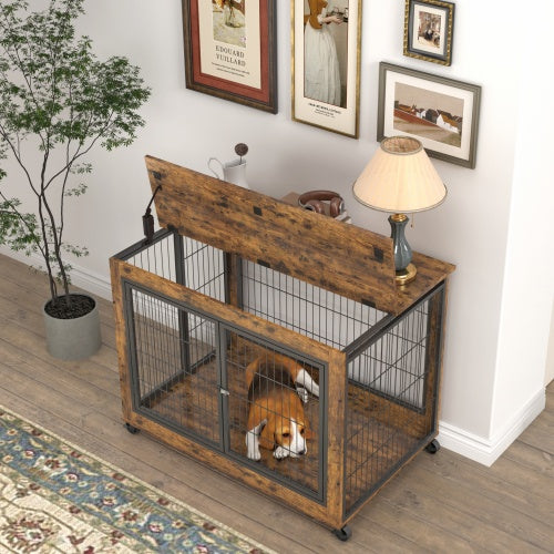 Furniture Double Door Dog Cage, Rustic Brown - Xmaker