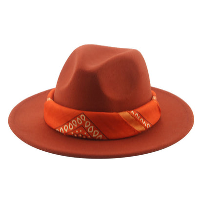 Paisley Ribbon Wide Brim Woolen Top Hat Felt Cowboy Hat - xmaker.ai