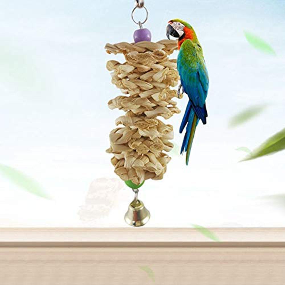 Bird Parrot Toy With Bell Natural Wooden Grass Bite Hanging Cage - Xmaker