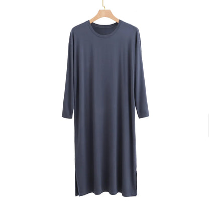 Modal Men's Round Neck Long Sleeve Nightgown Sleepwear Clothes Mid-long Knee Length Soft and Comfortable Nightwear Dresses - xmaker.ai