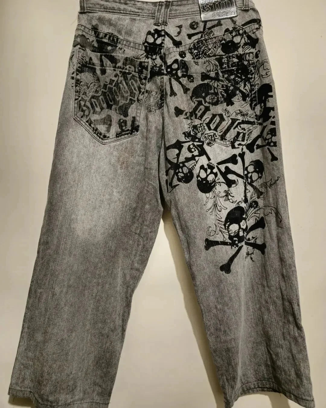 Vintage Print Jeans Washed Gray Straight Pants - xmaker.ai