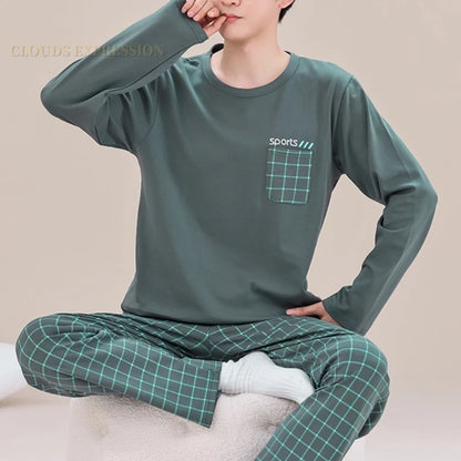 Spring Autumn Plus 5XL Knitted Men's Sleepwear Letter Lattice Pajamas Plaid Pajamas Sets Casual Loungewear Pyjamas Night Fashion - xmaker.ai