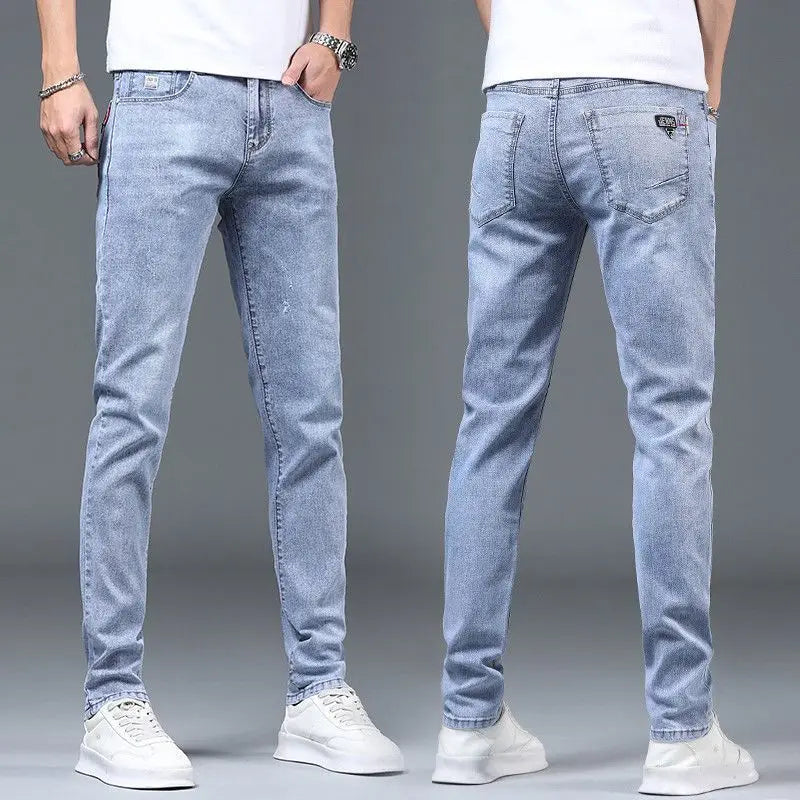 New Spring and Autumn Blue Washed Korean Fashion Casual Solid Slim Cowboy Stretch Denim Teenagers Luxury Pants Tight Men Jeans - xmaker.ai