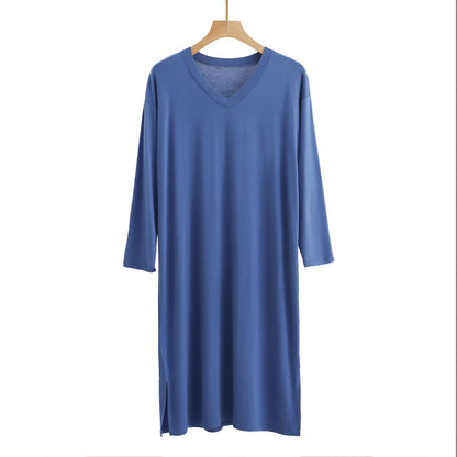 Modal Men's Round Neck Long Sleeve Nightgown Sleepwear Clothes Mid-long Knee Length Soft and Comfortable Nightwear Dresses - xmaker.ai