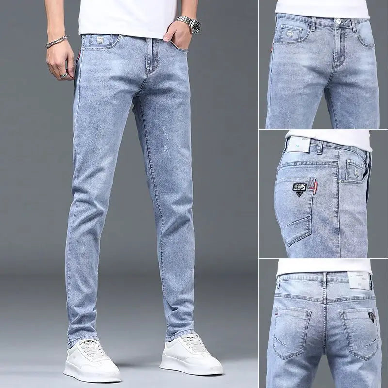 New Spring and Autumn Blue Washed Korean Fashion Casual Solid Slim Cowboy Stretch Denim Teenagers Luxury Pants Tight Men Jeans - xmaker.ai