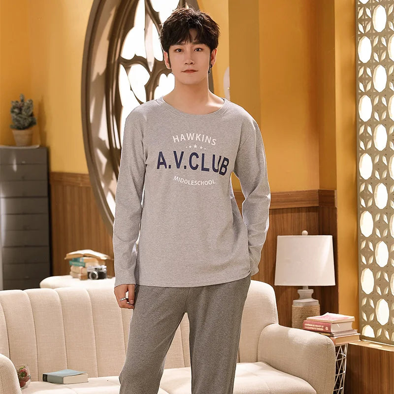 Spring Autumn Plus 5XL Knitted Men's Sleepwear Letter Lattice Pajamas Plaid Pajamas Sets Casual Loungewear Pyjamas Night Fashion - xmaker.ai