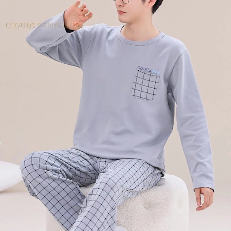 Spring Autumn Plus 5XL Knitted Men's Sleepwear Letter Lattice Pajamas Plaid Pajamas Sets Casual Loungewear Pyjamas Night Fashion - xmaker.ai