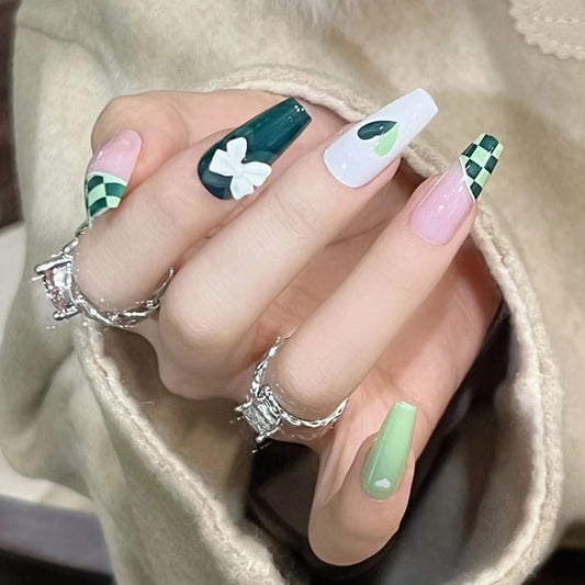 Wearing Nail Stickers Matcha Chessboard Grid Manicure White Nail Patch