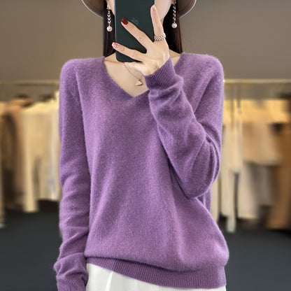 Women's Wool Sweater V-neck Autumn And Winter New Solid Color Loose-fitting Versatile Wool Loose Bottoming Shirt - xmaker.ai