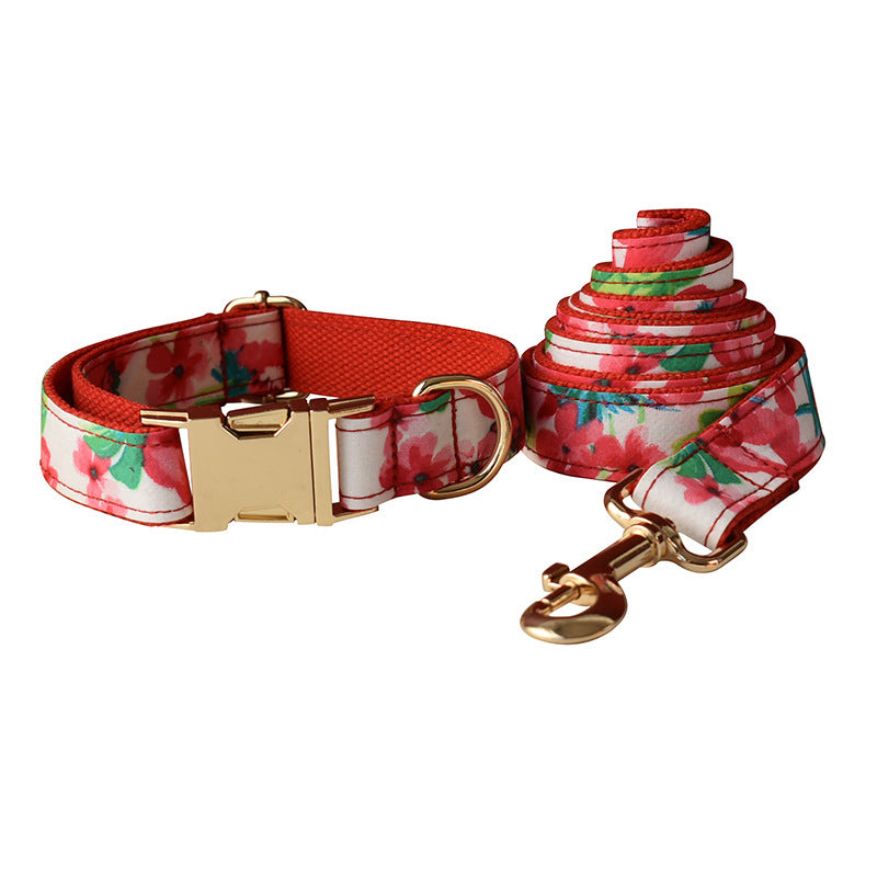 Red Floral Print Dog Leash Collar - Xmaker