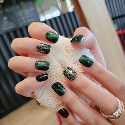 Detachable Nail Piece Emerald Green Flashing Diamond Wearable 24 Patches