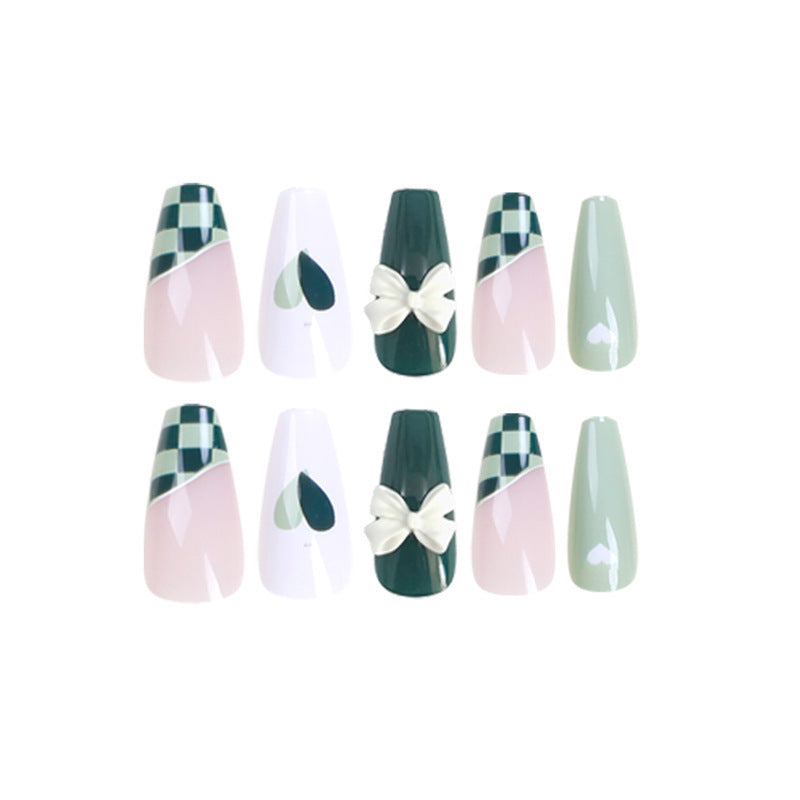 Wearing Nail Stickers Matcha Chessboard Grid Manicure White Nail Patch