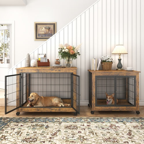 Furniture Double Door Dog Cage, Rustic Brown - Xmaker