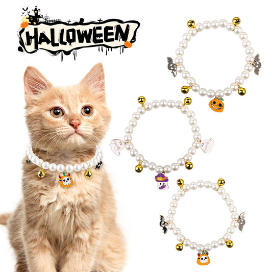 3pcs Pearl Necklace For Pets Halloween Decoration Cat Necklace Puppy Dog Bell Neck Ornament - Xmaker