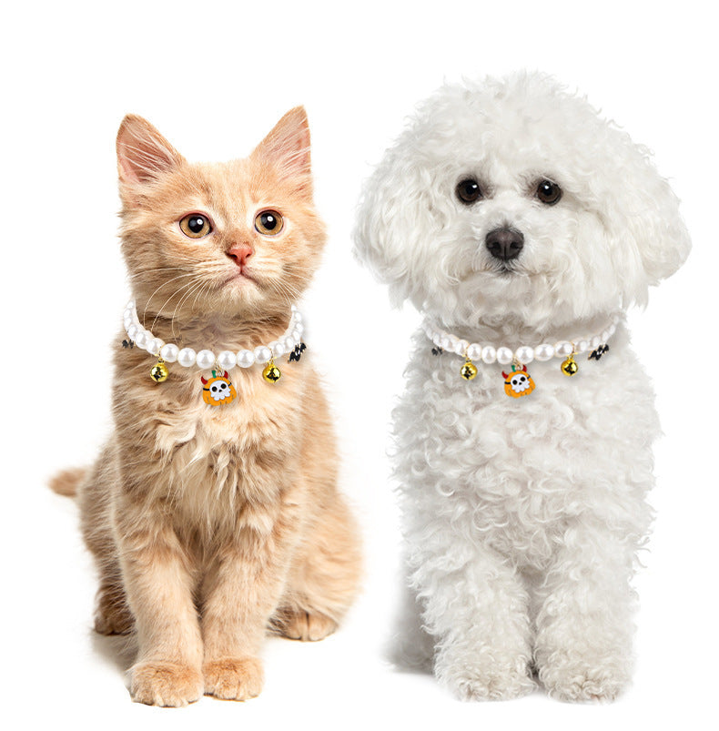 3pcs Pearl Necklace For Pets Halloween Decoration Cat Necklace Puppy Dog Bell Neck Ornament - Xmaker