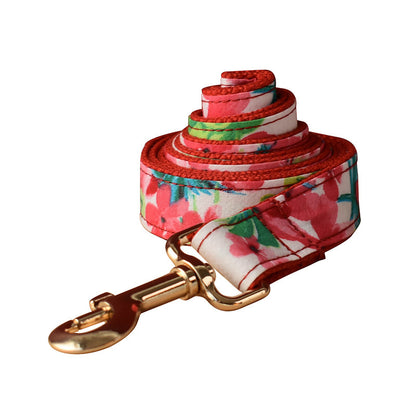 Red Floral Print Dog Leash Collar - Xmaker