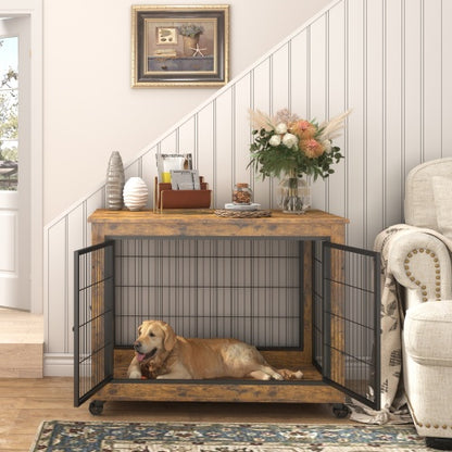 Furniture Double Door Dog Cage, Rustic Brown - Xmaker