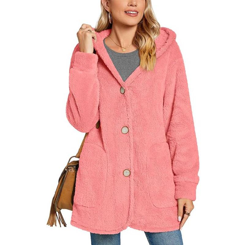 Plush Hooded Button Pocket Cardigan Casual Coat - Xmaker