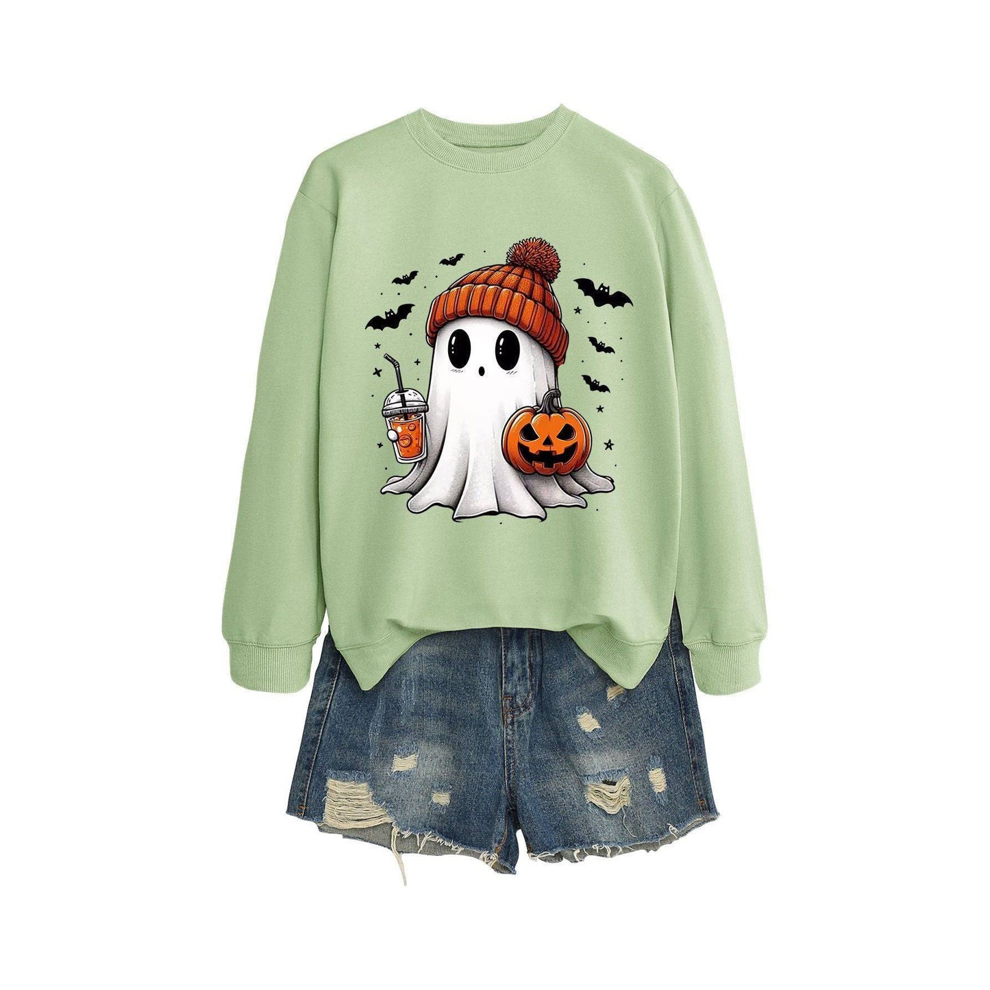 Fashion Long Sleeve Milk Tea Pumpkin Bat Printed Crew Neck Sweatshirt - Xmaker. Inc