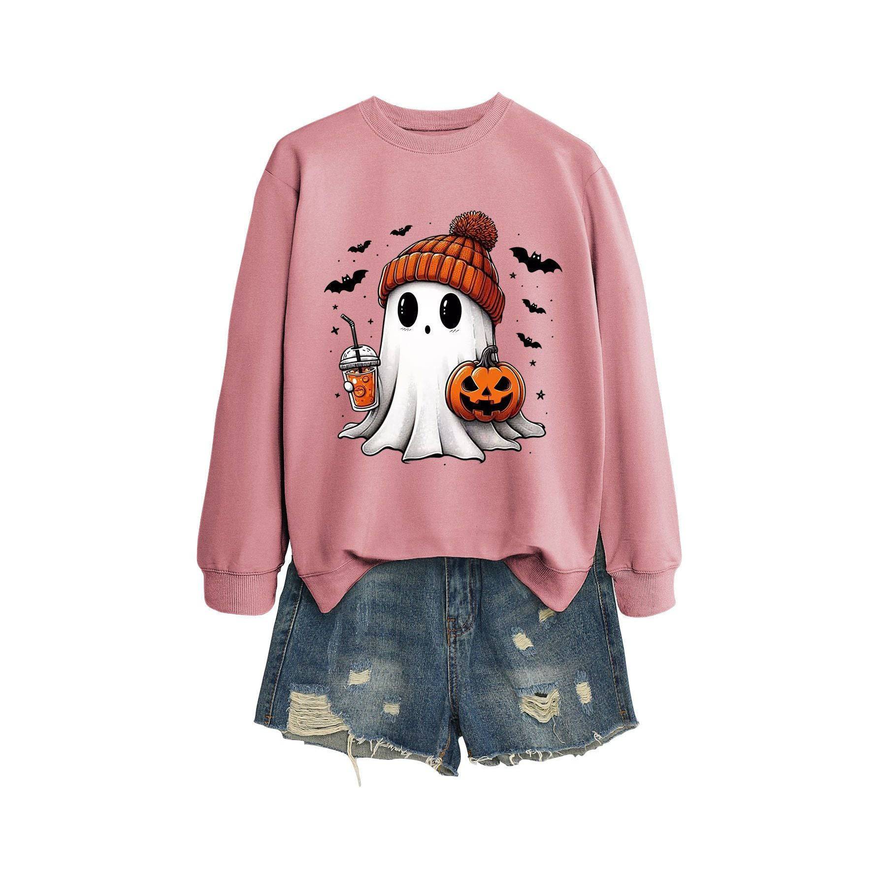 Fashion Long Sleeve Milk Tea Pumpkin Bat Printed Crew Neck Sweatshirt - Xmaker. Inc