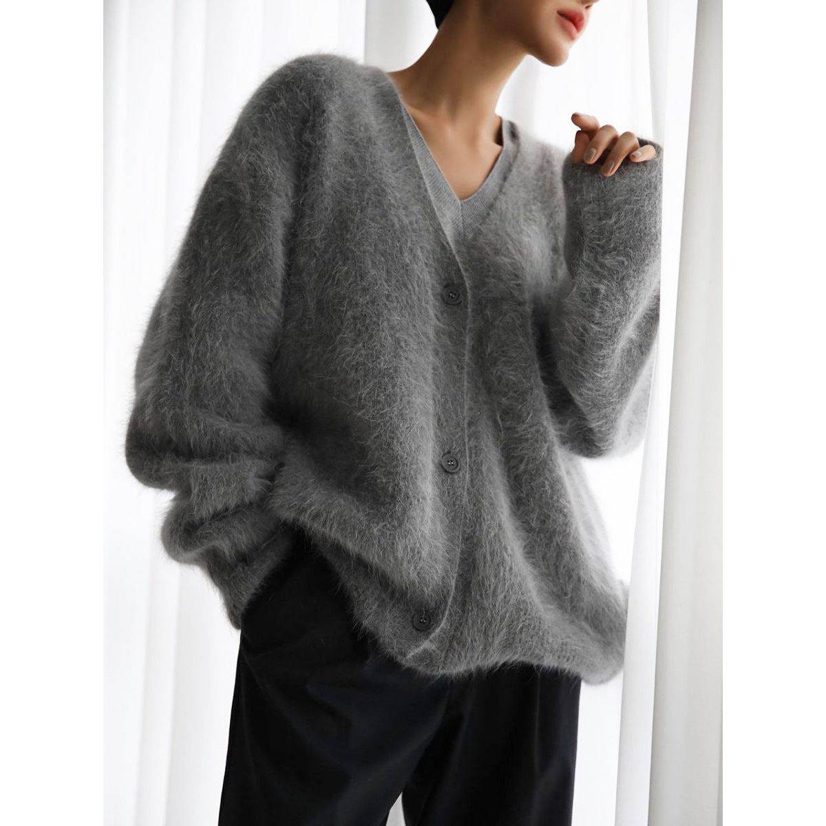 Loose V-neck Button Cardigan Fall Winter Fashion Single Breasted Knitted Sweater Top Women's Clothing - Xmaker. Inc