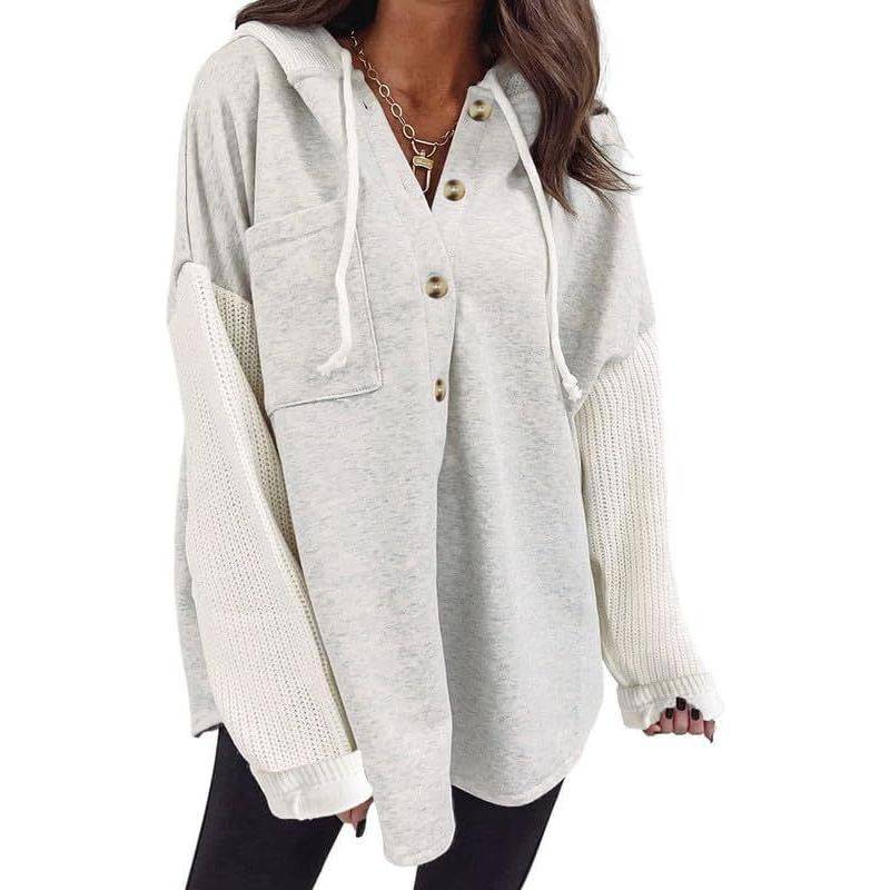 Women's Loose Long Sleeve Button Hooded Sweatshirt - Xmaker. Inc