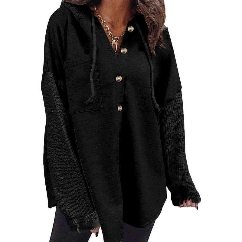 Women's Loose Long Sleeve Button Hooded Sweatshirt - Xmaker. Inc