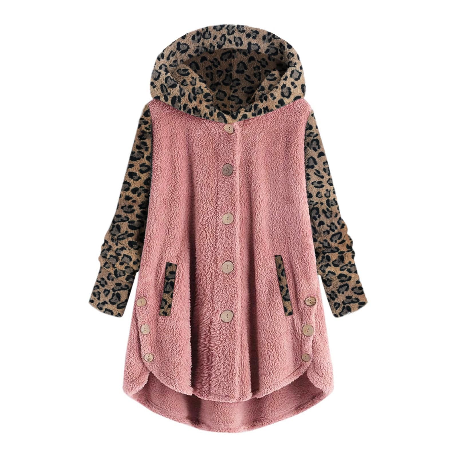 Long Sleeve Leopard Splicing Hooded Plush Coat For Women - Xmaker