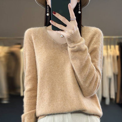 Women's Wool Sweater V-neck Autumn And Winter New Solid Color Loose-fitting Versatile Wool Loose Bottoming Shirt - Xmaker. Inc