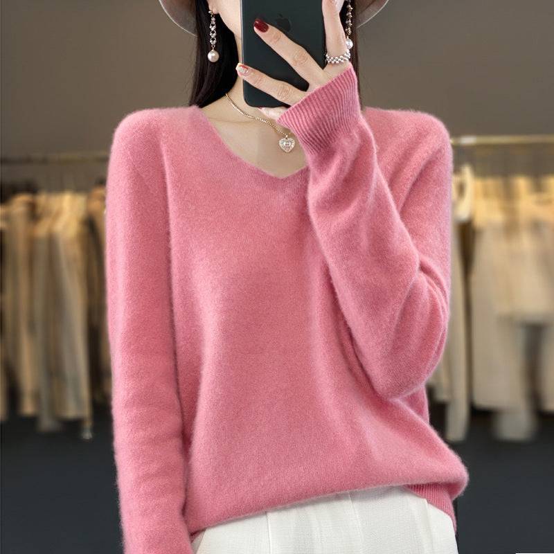 Women's Wool Sweater V-neck Autumn And Winter New Solid Color Loose-fitting Versatile Wool Loose Bottoming Shirt - Xmaker. Inc